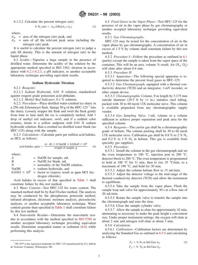 ASTM D6231-98(2003) - Standard Specification for HFC-125 (Pentafluoroethane, C<sub>2</sub>HF<sub>5</sub>)