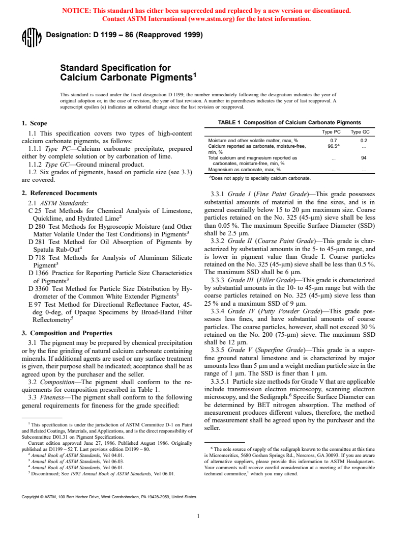 ASTM D1199-86(1999) - Standard Specification for Calcium Carbonate Pigments