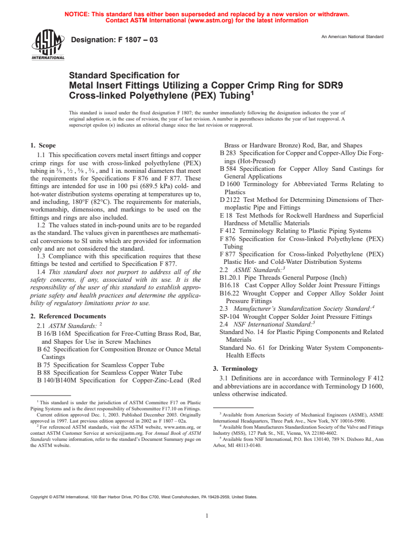 ASTM F1807-03 - Standard Specification for Metal Insert Fittings Utilizing a Copper Crimp Ring for SDR9 Cross-linked Polyethylene (PEX) Tubing