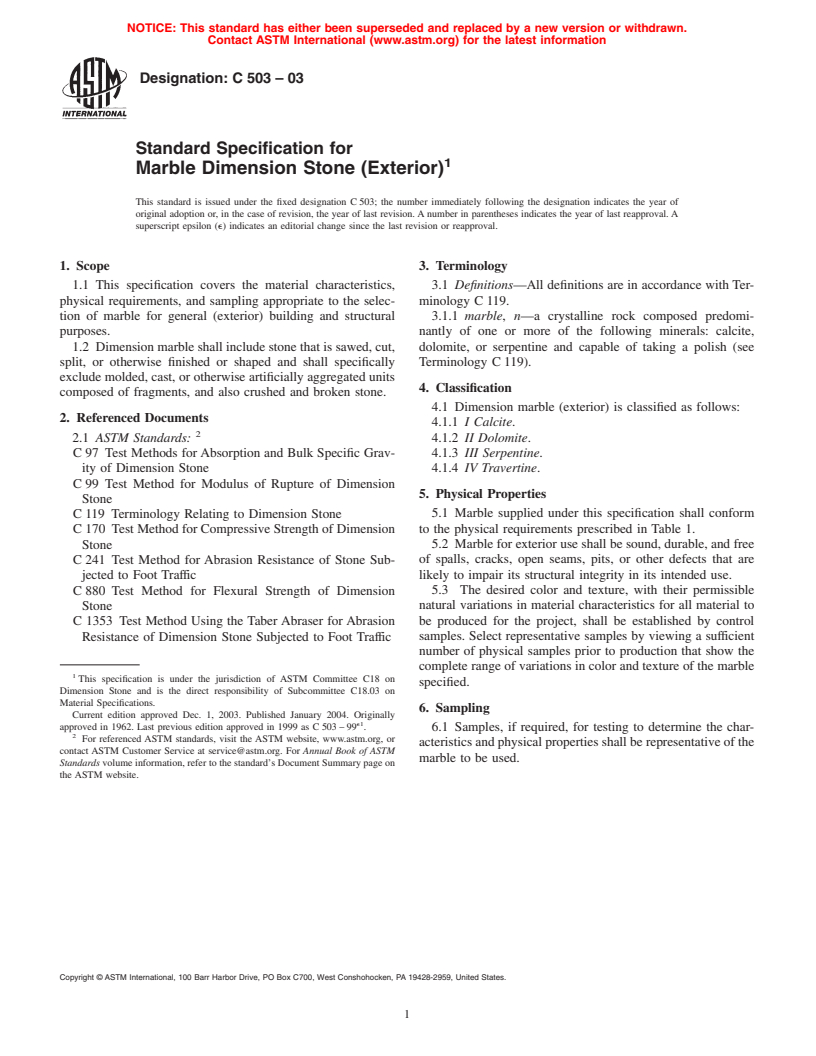 ASTM C503-03 - Standard Specification for Marble Dimension Stone (Exterior)