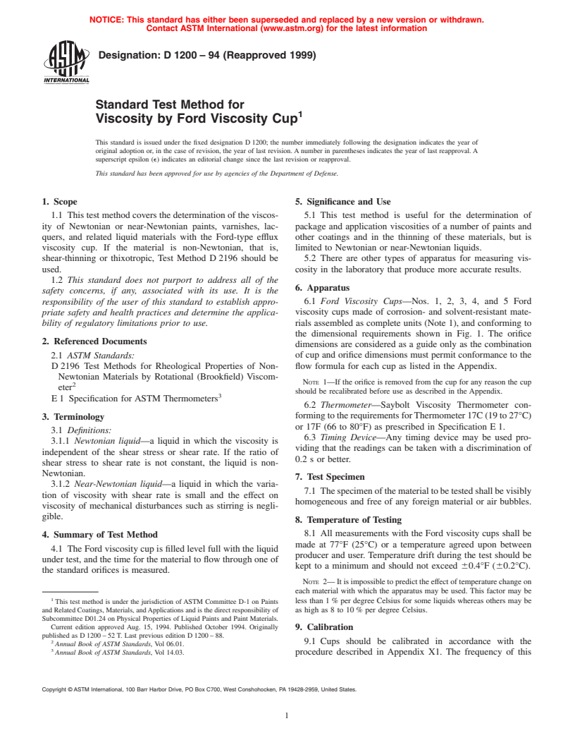 ASTM D1200-94(1999) - Standard Test Method for Viscosity by Ford Viscosity Cup