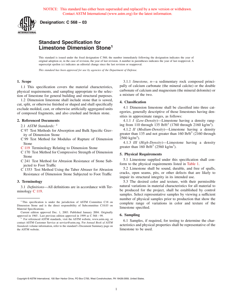 ASTM C568-03 - Standard Specification for Limestone Dimension Stone