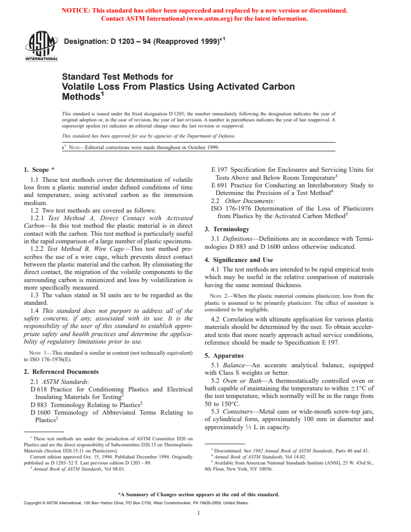 ASTM D1203-94(1999)e1 - Standard Test Methods for Volatile Loss From Plastics Using Activated Carbon Methods