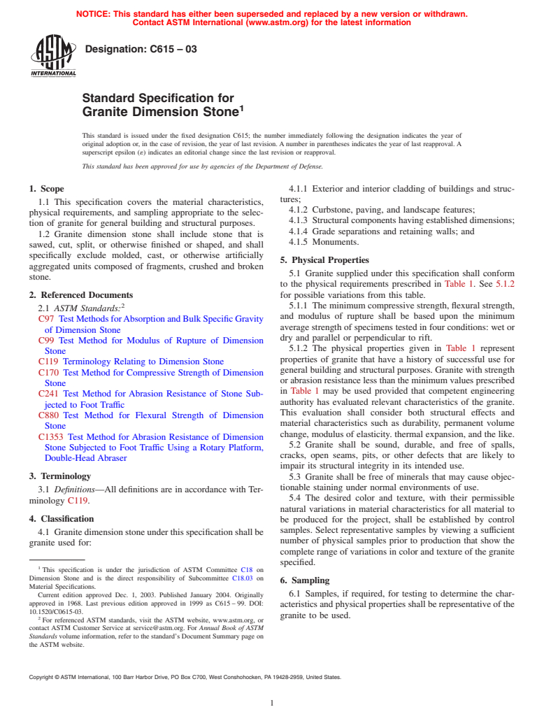 ASTM C615-03 - Standard Specification for Granite Dimension Stone