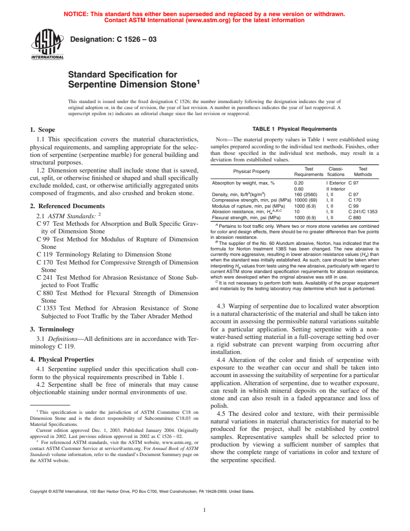 ASTM C1526-03 - Standard Specification for Serpentine Dimension Stone