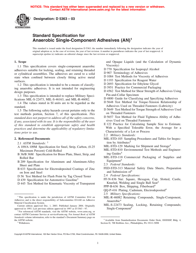 ASTM D5363-03 - Standard Specification for Anaerobic Single-Component Adhesives (AN)