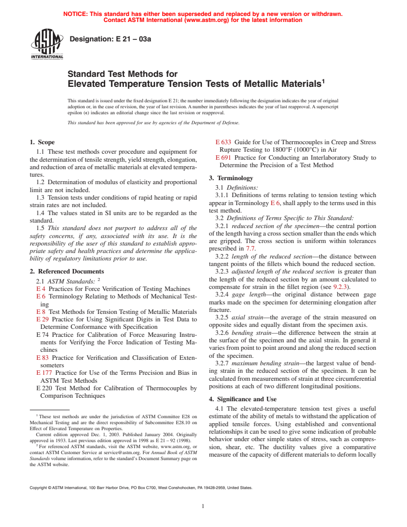 ASTM E21-03a - Standard Test Methods for Elevated Temperature Tension Tests of Metallic Materials