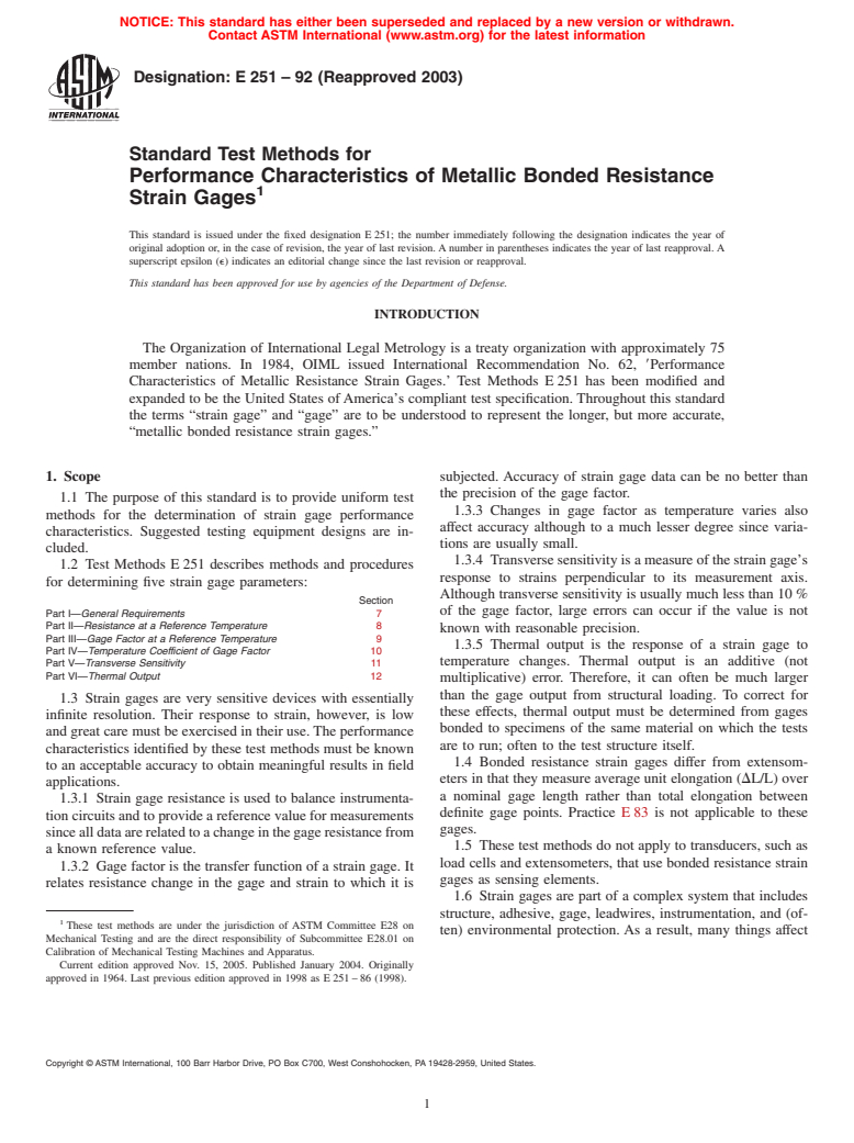 ASTM E251-92(2003) - Standard Test Methods for Performance Characteristics of Metallic Bonded Resistance Strain Gages