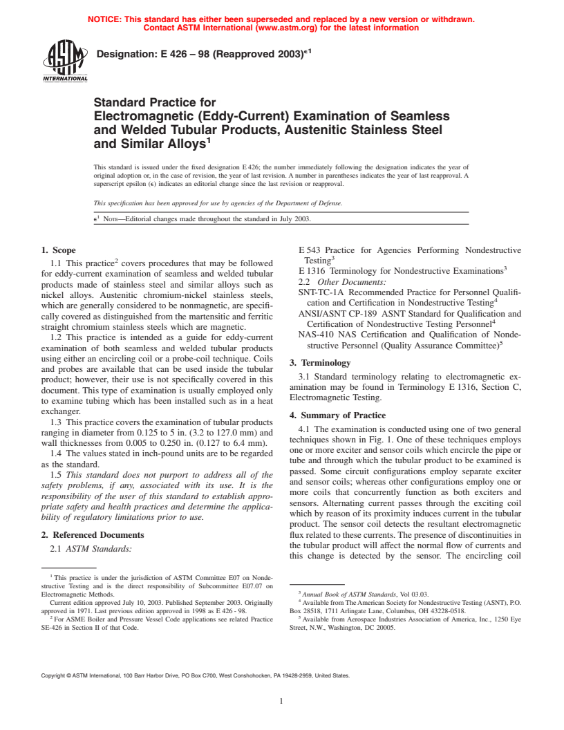 ASTM E426-98(2003)e1 - Standard Practice for Electromagnetic (Eddy-Current) Examination of Seamless and Welded Tubular Products, Austenitic Stainless Steel and Similar Alloys