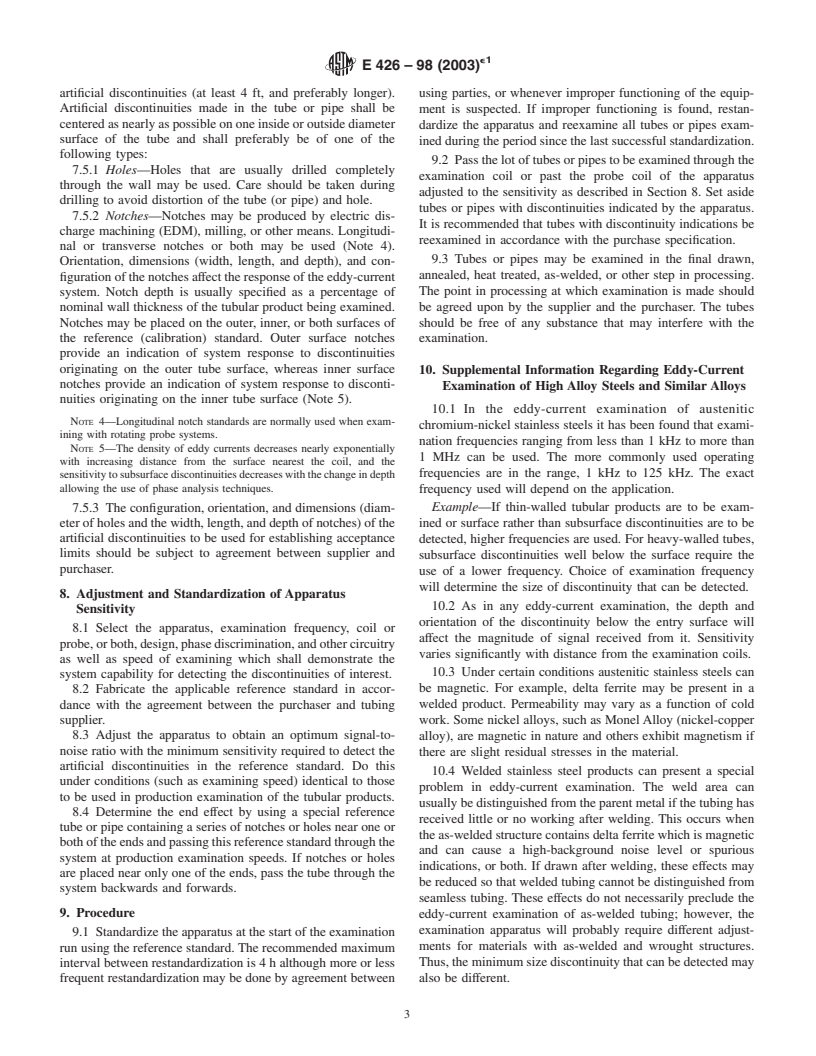 ASTM E426-98(2003)e1 - Standard Practice for Electromagnetic (Eddy-Current) Examination of Seamless and Welded Tubular Products, Austenitic Stainless Steel and Similar Alloys