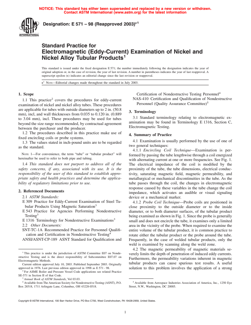 ASTM E571-98(2003)e1 - Standard Practice for Electromagnetic (Eddy-Current) Examination of Nickel and Nickel Alloy Tubular Products