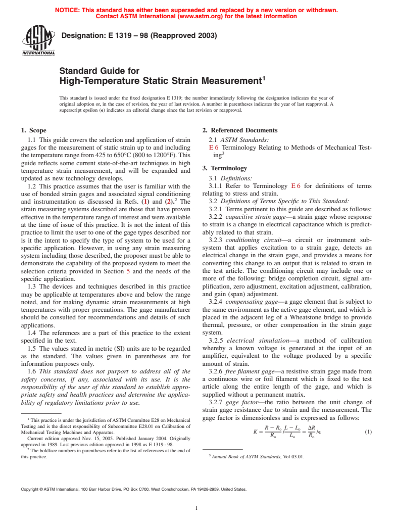 ASTM E1319-98(2003) - Standard Guide for High-Temperature Static Strain Measurement