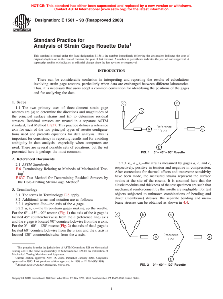 ASTM E1561-93(2003) - Standard Practice for Analysis of Strain Gage Rosette Data