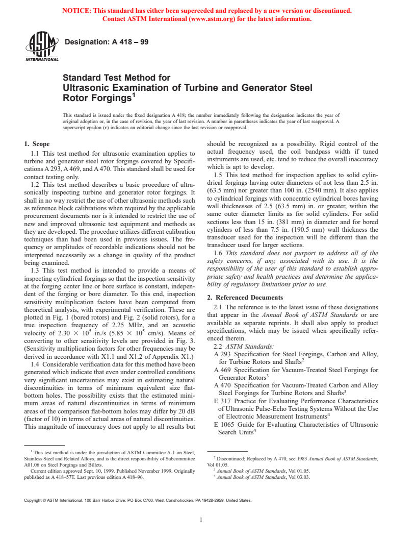 ASTM A418-99 - Standard Test Method for Ultrasonic Examination of Turbine and Generator Steel Rotor Forgings