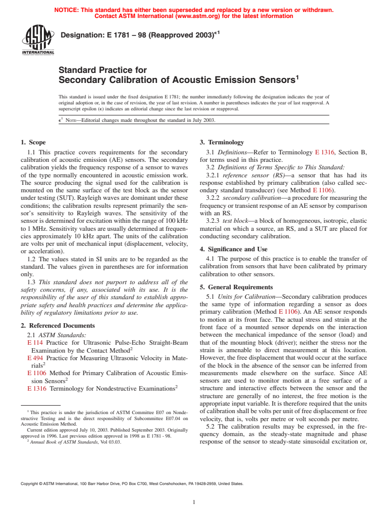 ASTM E1781-98(2003)e1 - Standard Practice for Secondary Calibration of Acoustic Emission Sensors