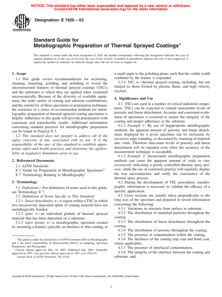 ASTM E1920-03 - Standard Guide for Metallographic Preparation of Thermal Sprayed Coatings