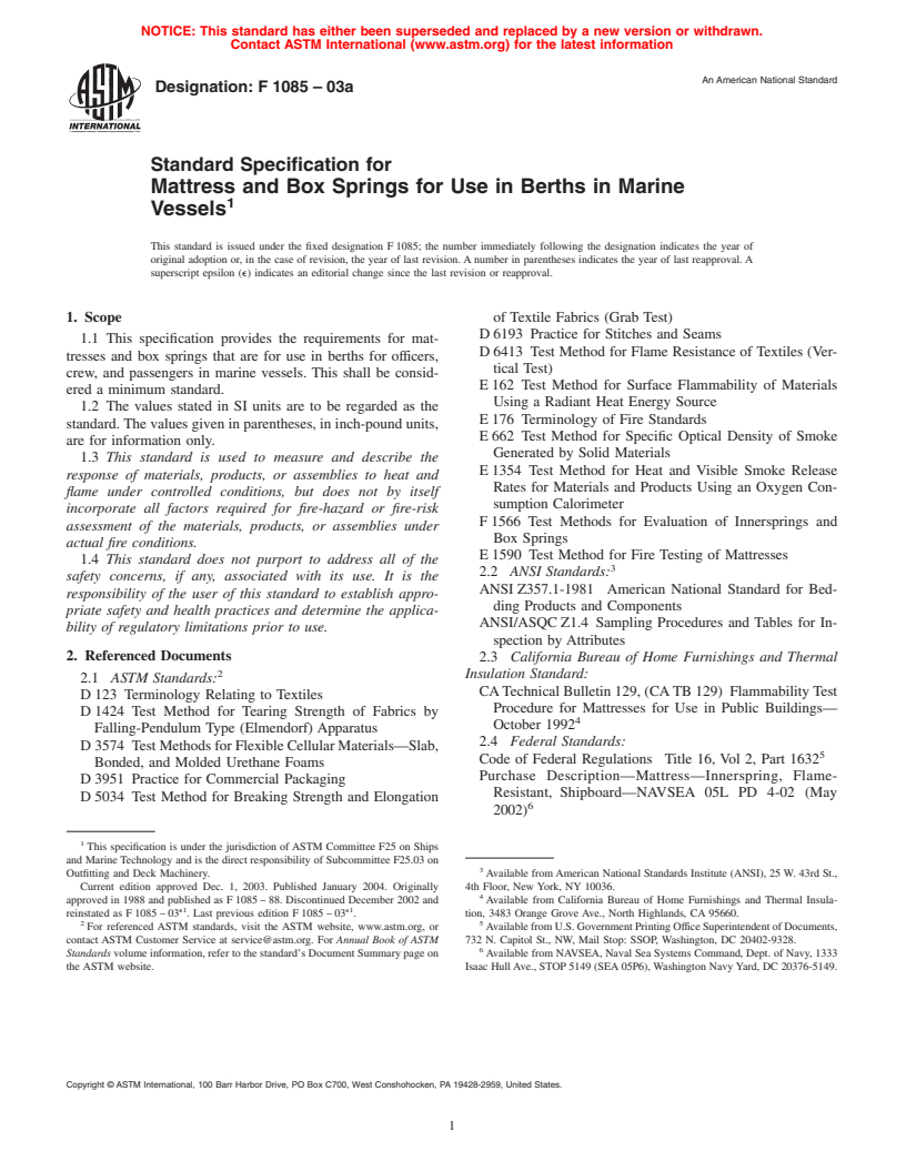 ASTM F1085-03a - Standard Specification for Mattress and Box Springs for Use in Berths in Marine Vessels