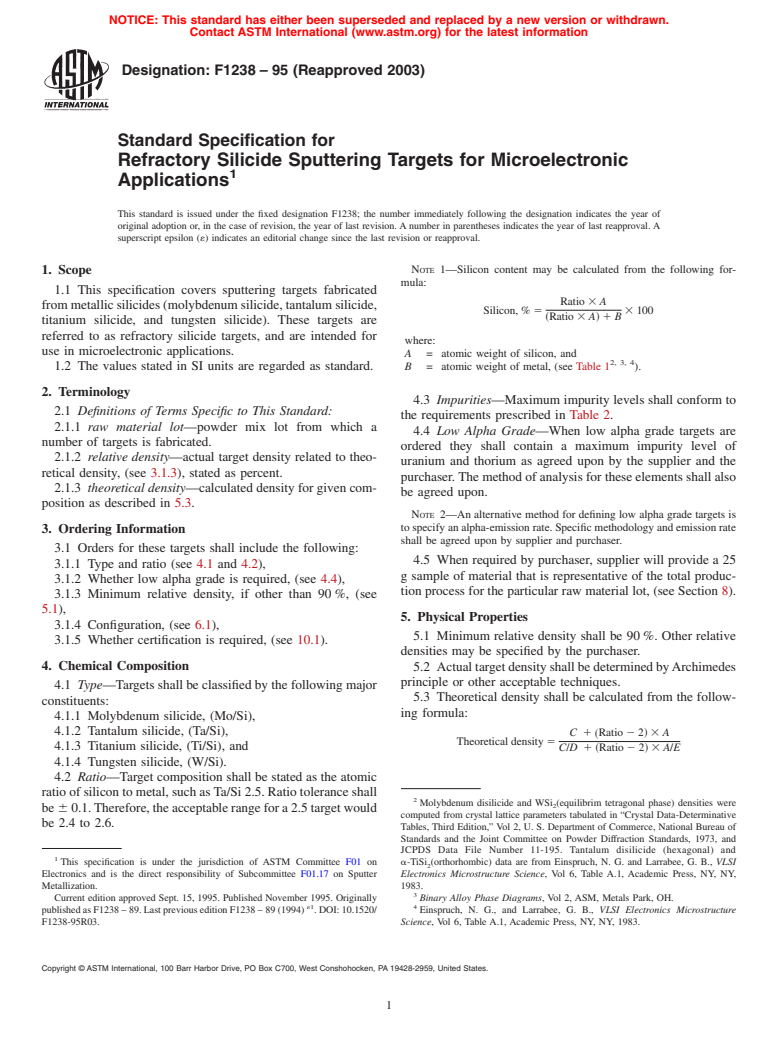 ASTM F1238-95(2003) - Standard Specification for Refractory Silicide Sputtering Targets for Microelectronic Applications