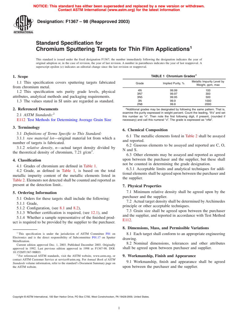 ASTM F1367-98(2003) - Standard Specification for Chromium Sputtering Targets for Thin Film Applications