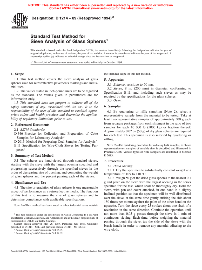 ASTM D1214-89(1994)e1 - Standard Test Method for Sieve Analysis of Glass Spheres (Withdrawn 2002)