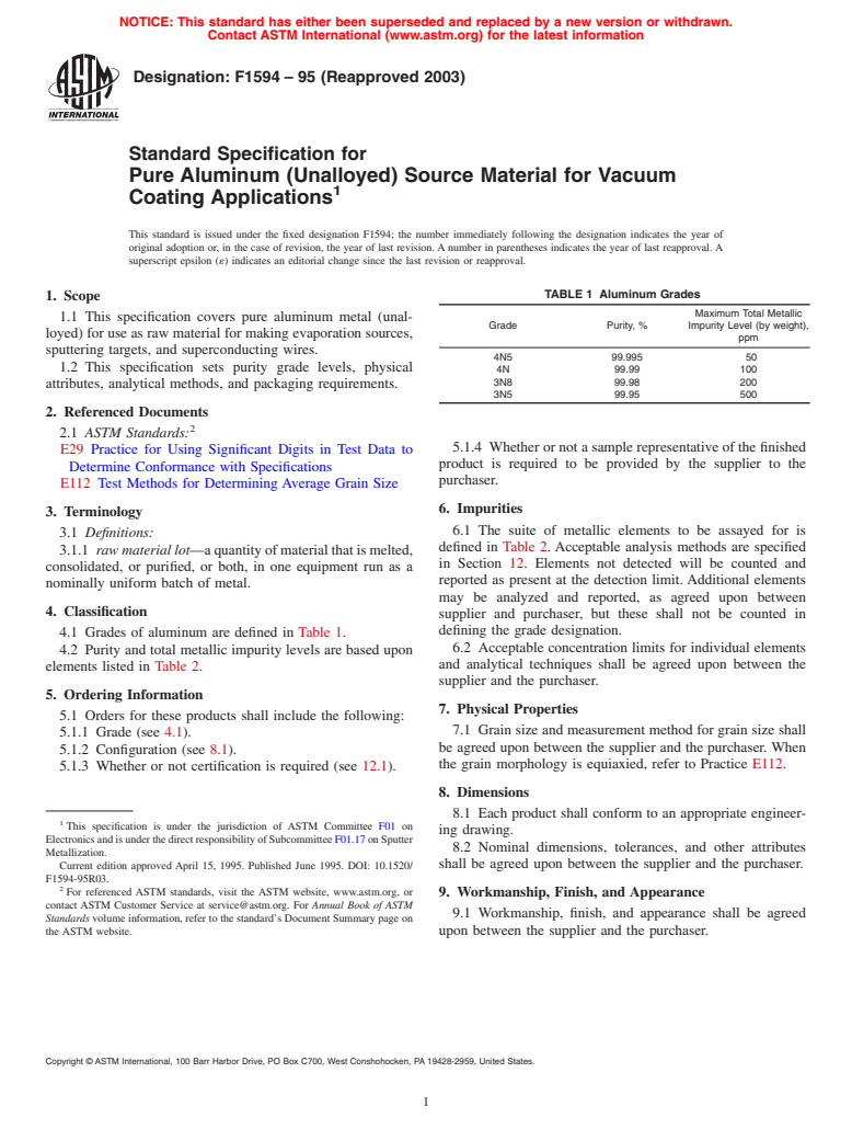 ASTM F1594-95(2003) - Standard Specification for Pure Aluminum (Unalloyed) Source Material for Vacuum Coating Applications