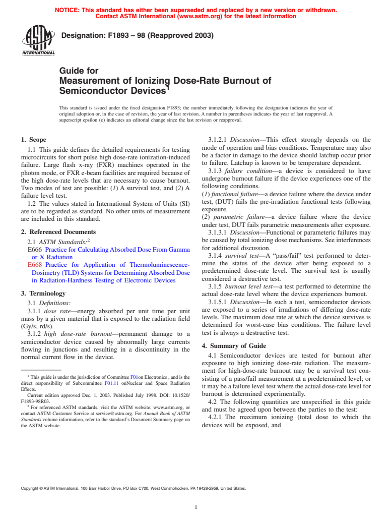 ASTM F1893-98(2003) - Guide for Measurement of Ionizing Dose-Rate Burnout of Semiconductor Devices