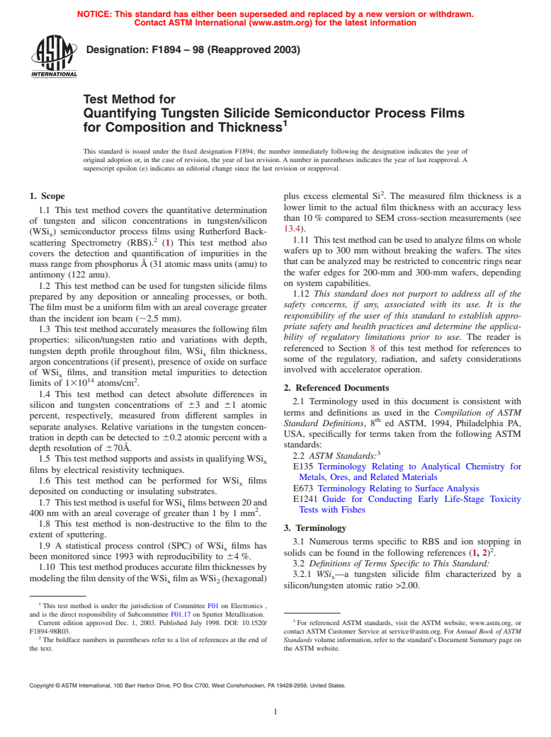 ASTM F1894-98(2003) - Test Method for Quantifying Tungsten Silicide Semiconductor Process Films for Composition and Thickness