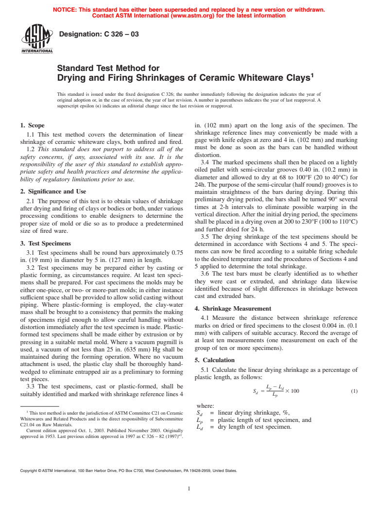 ASTM C326-03 - Standard Test Method for Drying and Firing Shrinkages of Ceramic Whiteware Clays