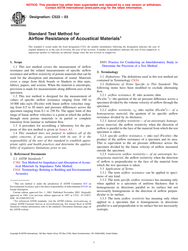 ASTM C522-03 - Standard Test Method for Airflow Resistance of Acoustical Materials