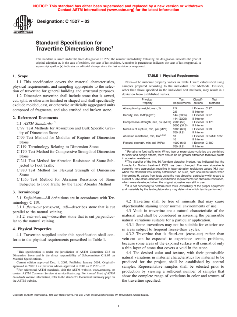 ASTM C1527-03 - Standard Specification for Travertine Dimension Stone