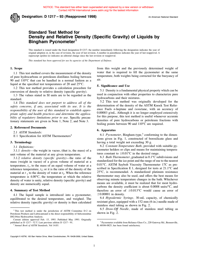 ASTM D1217-93(1998) - Standard Test Method for Density and Relative Density (Specific Gravity) of Liquids by Bingham Pycnometer