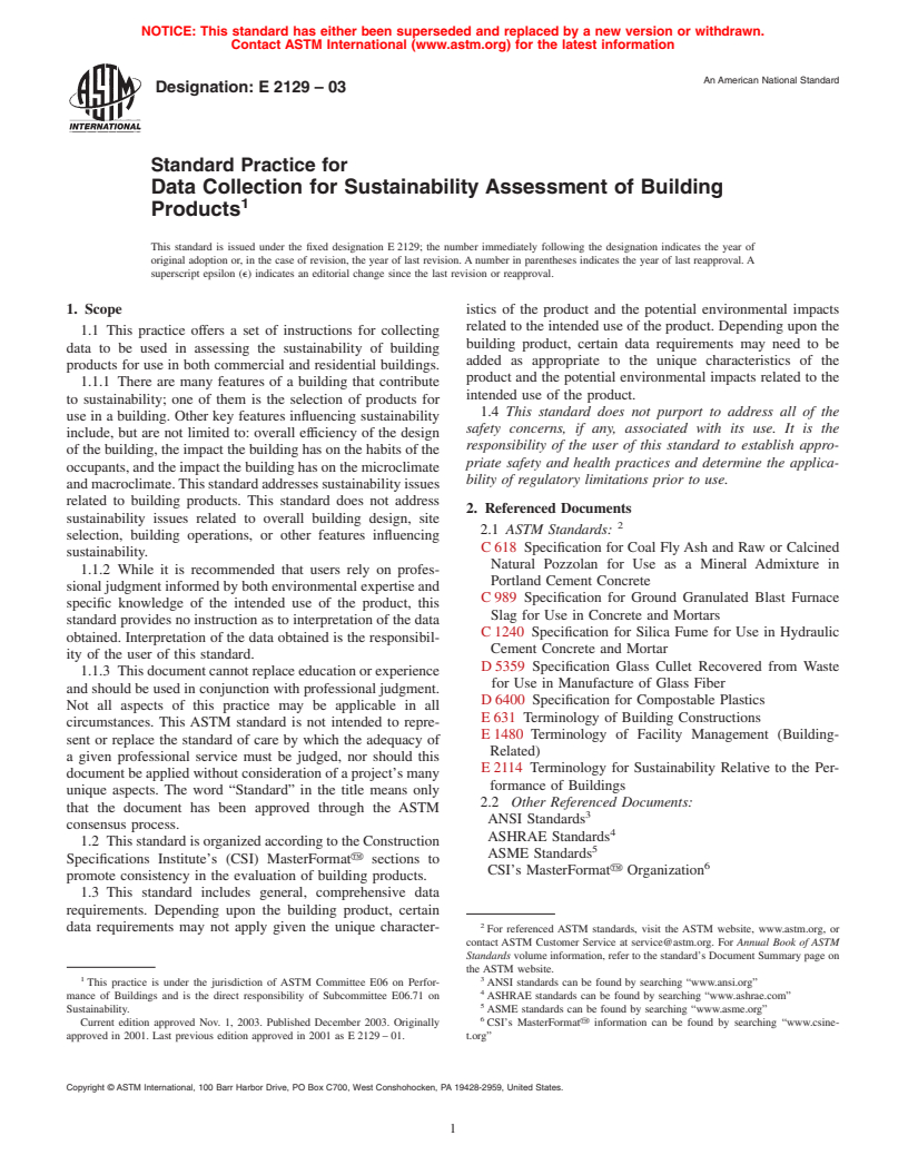 ASTM E2129-03 - Standard Practice for Data Collection for Sustainability Assessment of Building Products