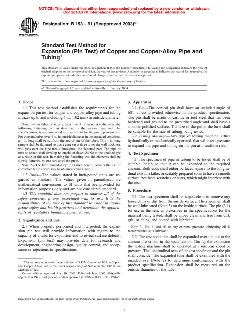 ASTM B153-91(2003)e1 - Standard Test Method for Expansion (Pin Test) of Copper and Copper-Alloy Pipe and Tubing