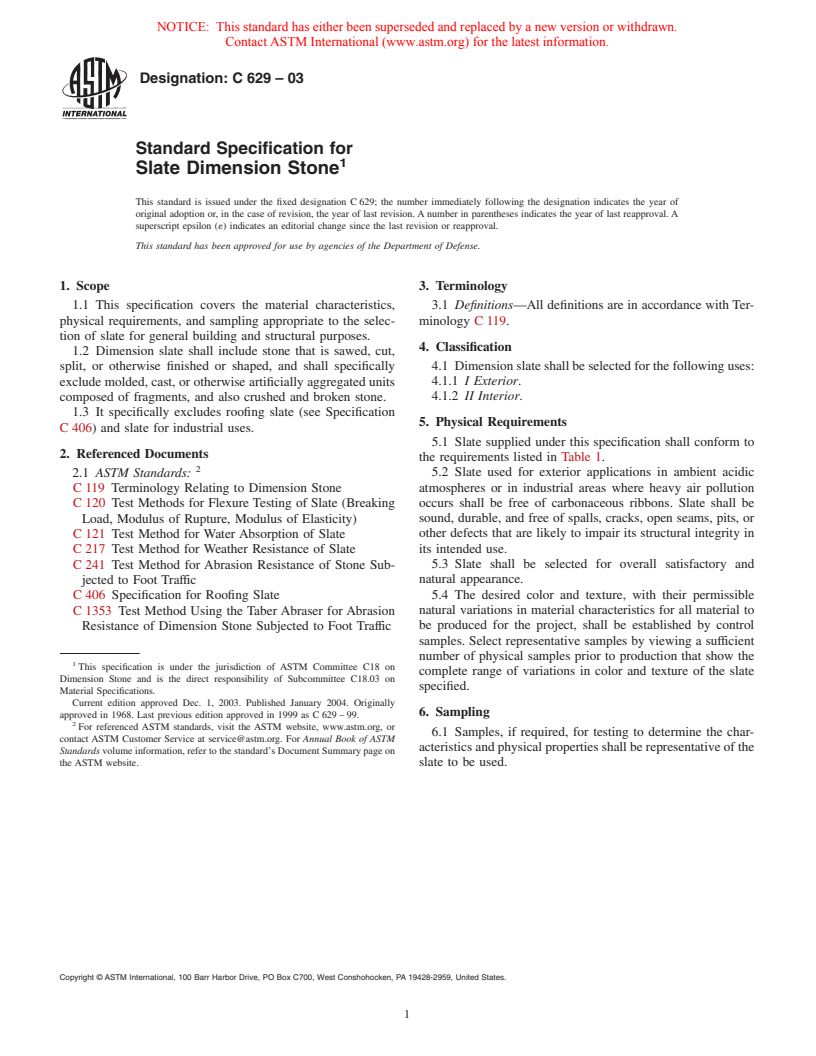 ASTM C629-03 - Standard Specification for Slate Dimension Stone