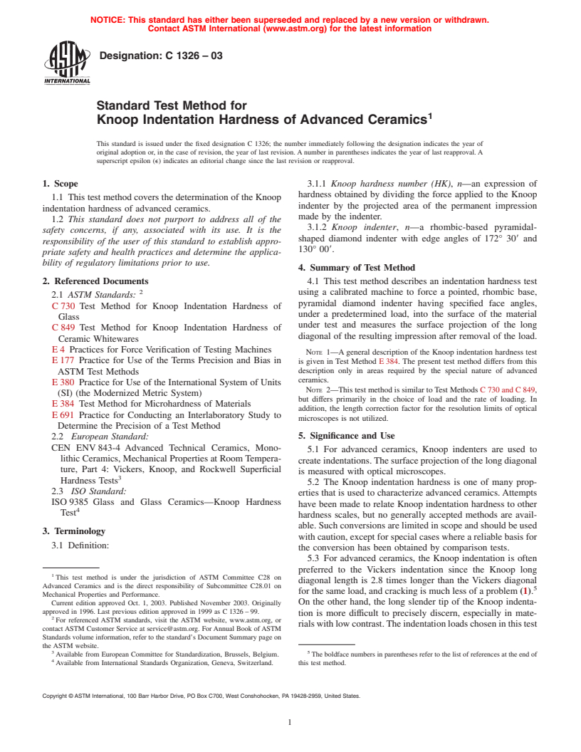 ASTM C1326-03 - Standard Test Method for Knoop Indentation Hardness of Advanced Ceramics