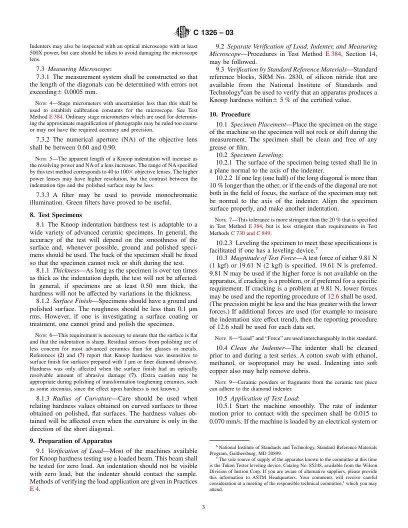 ASTM C1326-03 - Standard Test Method for Knoop Indentation Hardness of Advanced Ceramics