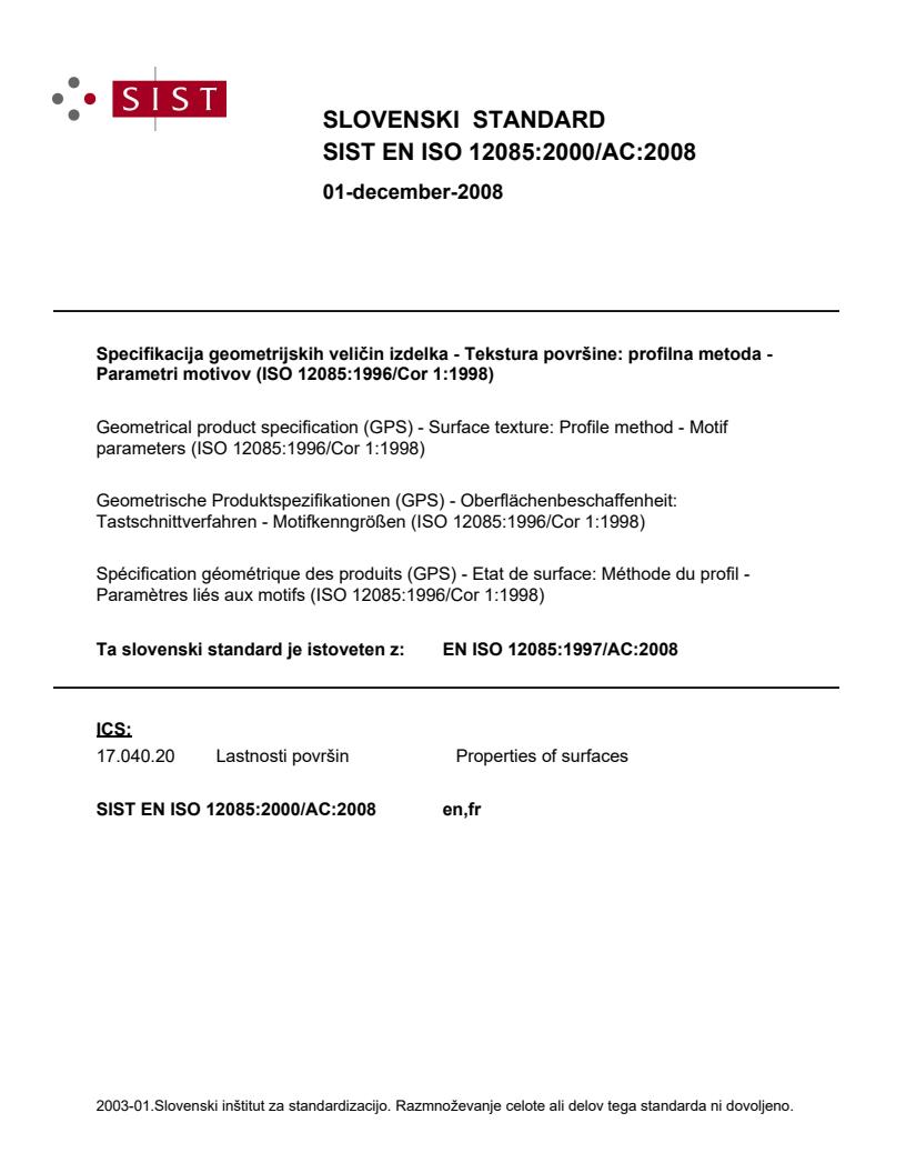 EN ISO 12085:2000/AC:2008 - PREKLIC RAZVELJAVITVE (2022-03)