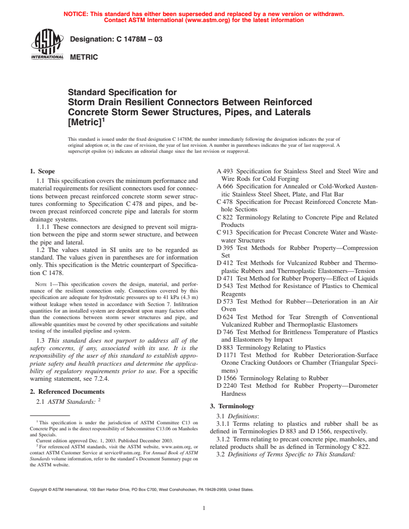 ASTM C1478M-03 - Standard Specification for Storm Drain Resilient Connectors Between Reinforced Concrete Storm Sewer Structures, Pipes, and Laterals (Metric)