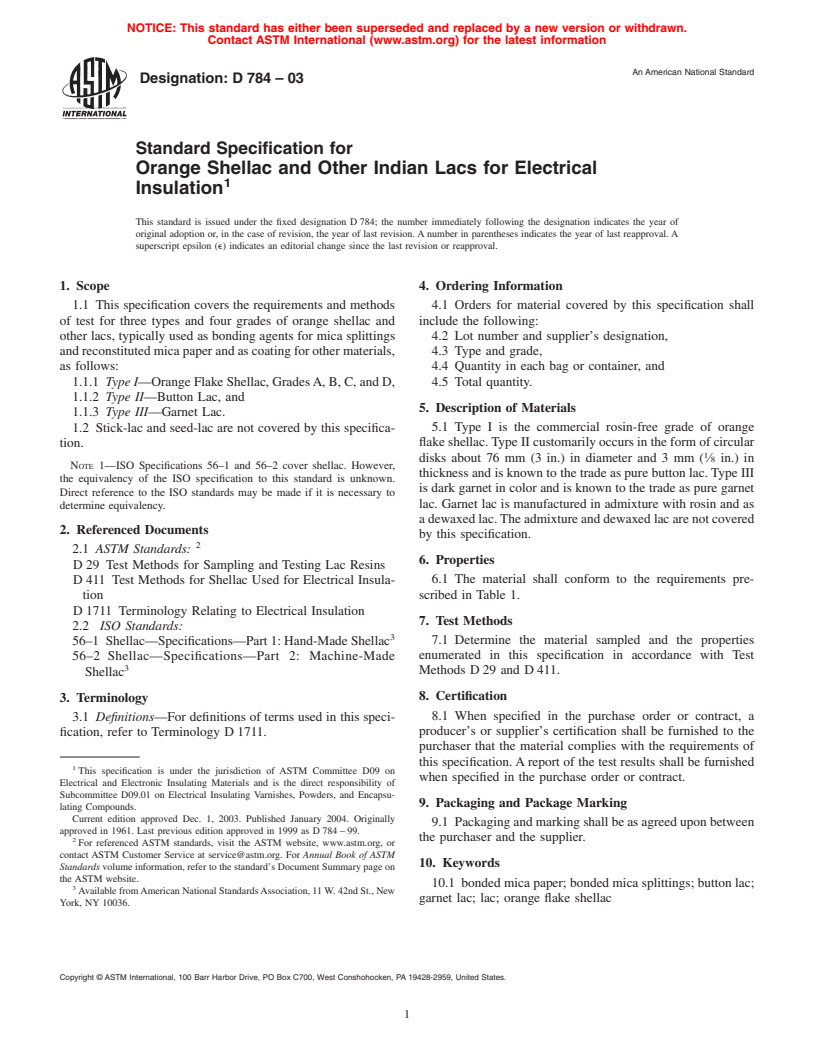 ASTM D784-03 - Standard Specification for Orange Shellac and Other Indian Lacs for Electrical Insulation