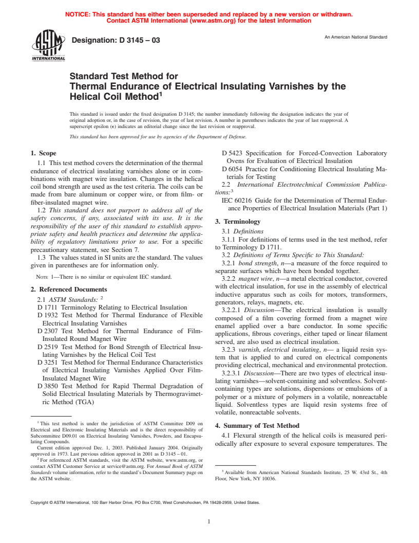 ASTM D3145-03 - Standard Test Method for Thermal Endurance of Electrical Insulating Varnishes by the Helical Coil Method