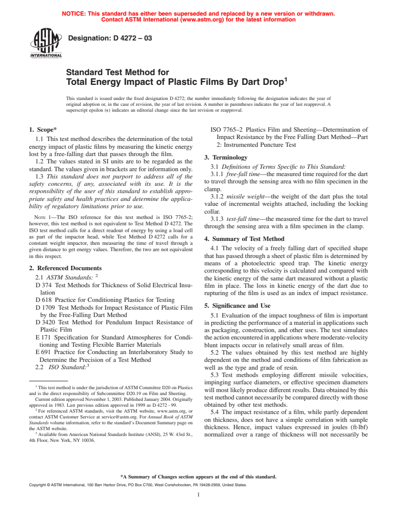 ASTM D4272-03 - Standard Test Method for Total Energy Impact of Plastic Films By Dart Drop