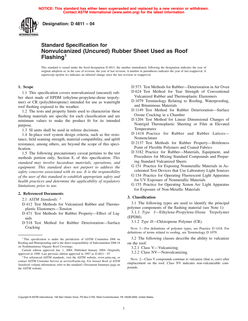 ASTM D4811-04 - Standard Specification for Nonvulcanized (Uncured) Rubber Sheet Used as Roof Flashing