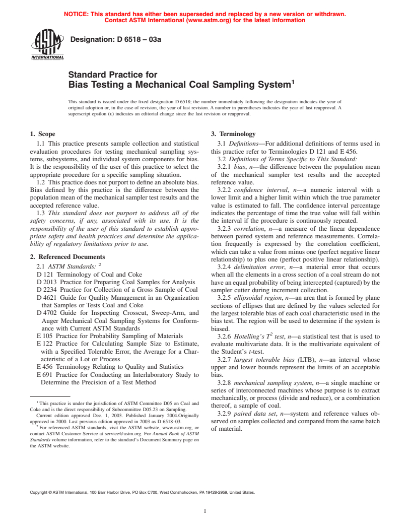 ASTM D6518-03a - Standard Practice for Bias Testing a Mechanical Coal Sampling System