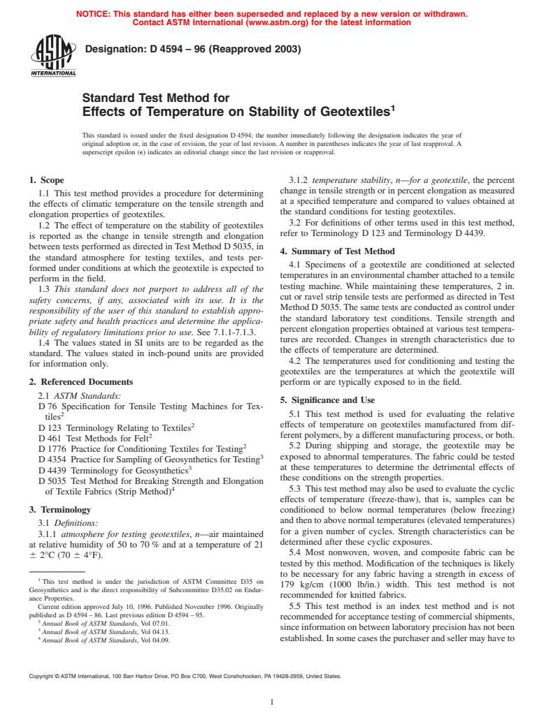 ASTM D4594-96(2003) - Standard Test Method for Effects of Temperature on Stability of Geotextiles