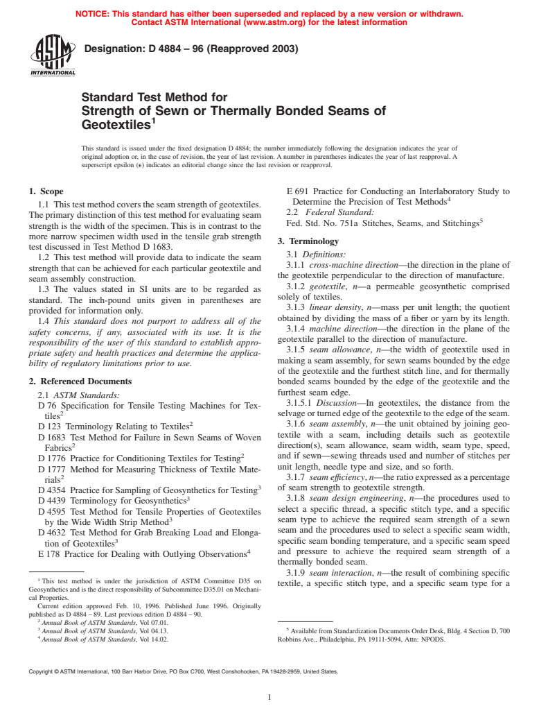 ASTM D4884-96(2003) - Standard Test Method for Strength of Sewn or Thermally Bonded Seams of Geotextiles