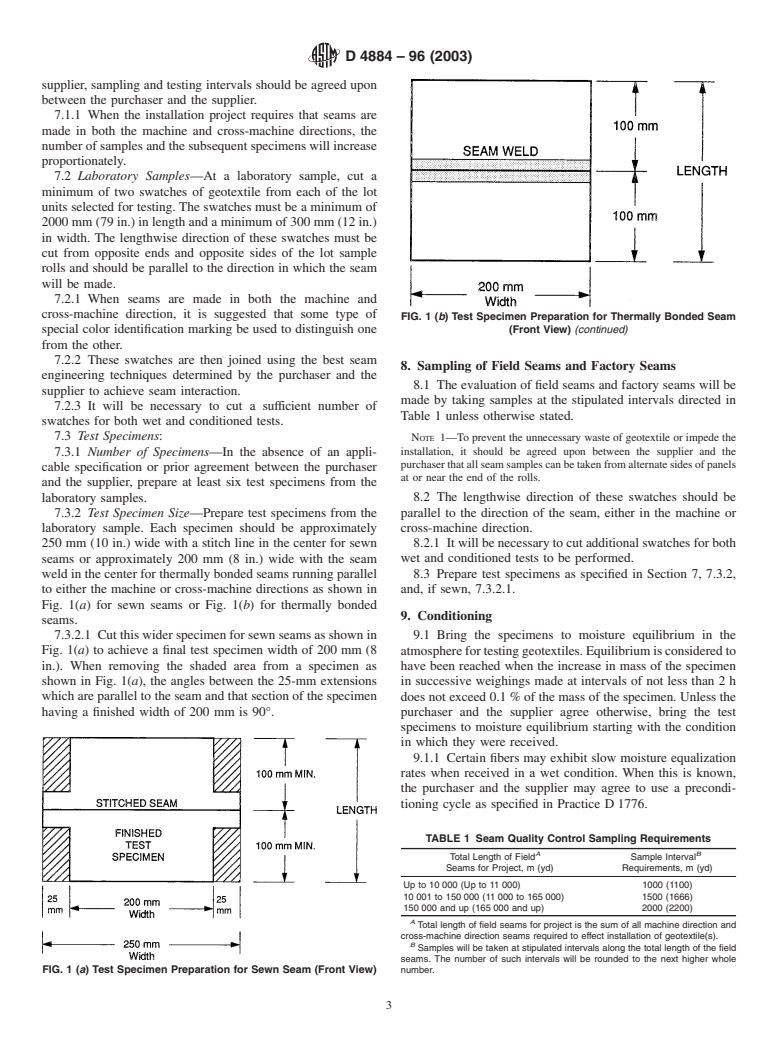 ASTM D4884-96(2003) - Standard Test Method for Strength of Sewn or Thermally Bonded Seams of Geotextiles