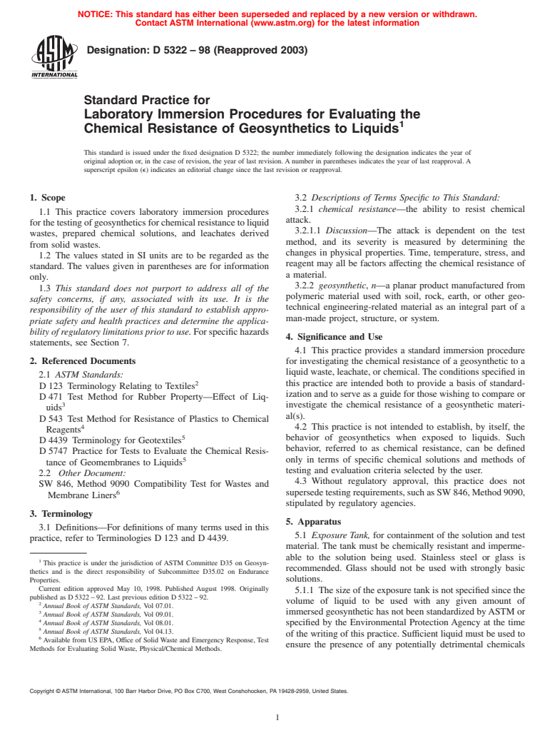 ASTM D5322-98(2003) - Standard Practice for Immersion Procedures for Evaluating the Chemical Resistance of Geosynthetics to Liquids