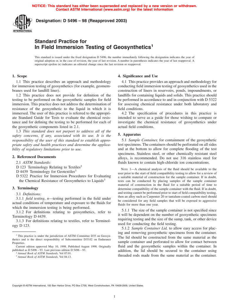 ASTM D5496-98(2003) - Standard Practice for In Field Immersion Testing of Geosynthetics