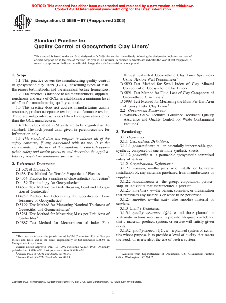 ASTM D5889-97(2003) - Standard Practice for Quality Control of Geosynthetic Clay Liners