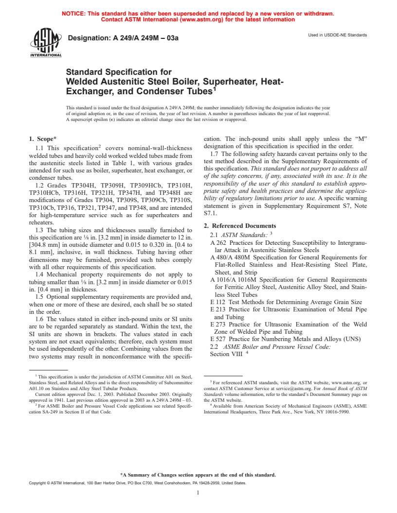 ASTM A249/A249M-03a - Standard Specification for Welded Austenitic Steel Boiler, Superheater, Heat-Exchanger, and Condenser Tubes